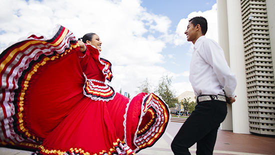 Woman and man dancing in traditional Mexican attire