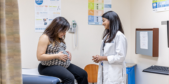 Female doctor consulting with pregnant patient