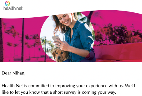 Health Net email header screenshot with image of woman and dog and Health Net logo