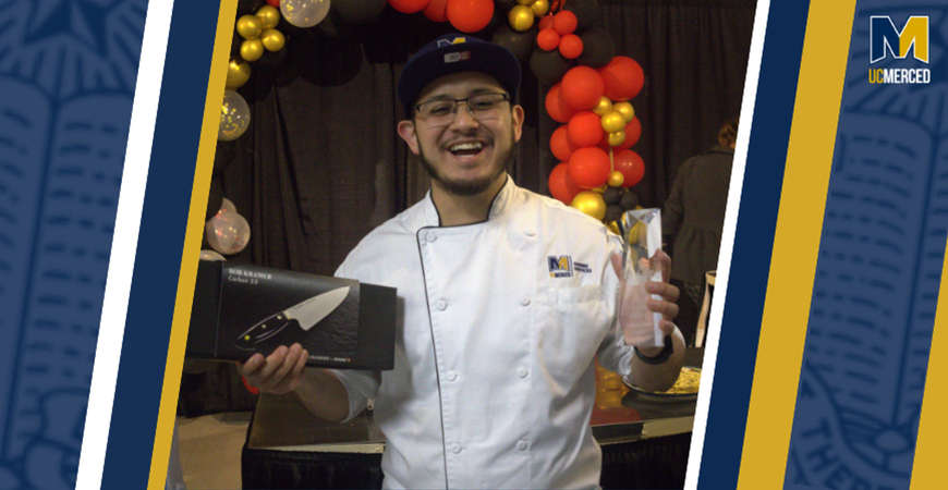 UC Merced Executive Sous Chef Jonathon Gutierrez Santiago stands with his trophy