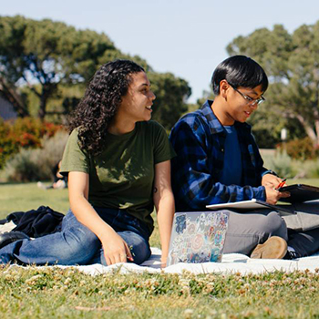 Students working on the lawn on campus