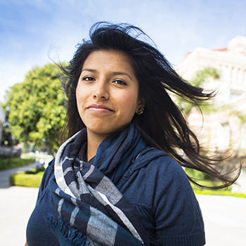 UC Riverside student with hair blowing in the breeze