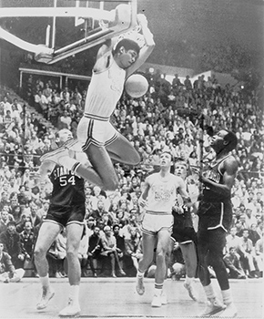 Abdul-Jabbar soars over Stanford's defense in 1967.