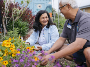 Two people working in a flower garden