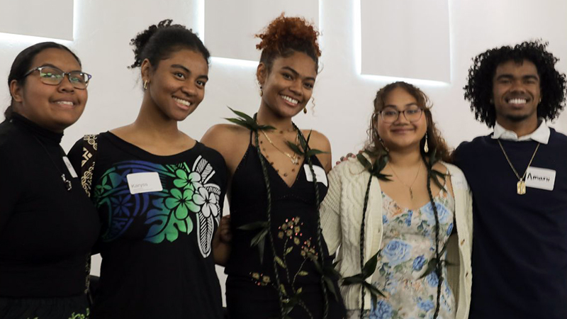 Undergraduate students Ultei, Karyss, Jiorden, Lavon, and Amarii from the Pacific Islander Student Association at the UCLA Pasifika Studies Community Reception on October 19