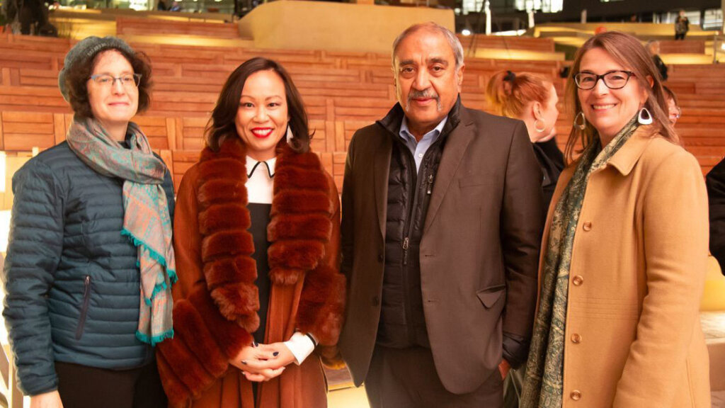 UC San Diego University and Design Lab leadership at the celebration on November 16 (left to right: Executive Vice Chancellor Elizabeth H. Simmons, Design Lab Director Mai Nguyen, Chancellor Pradeep K. Khosla, and Vice Chancellor for Research Corinne Peek-Asa). Photo credit: Nathaniel Abuan.