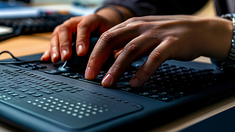 Modern Braille display device connected to a computer with a visually impaired person using it to read digital text.