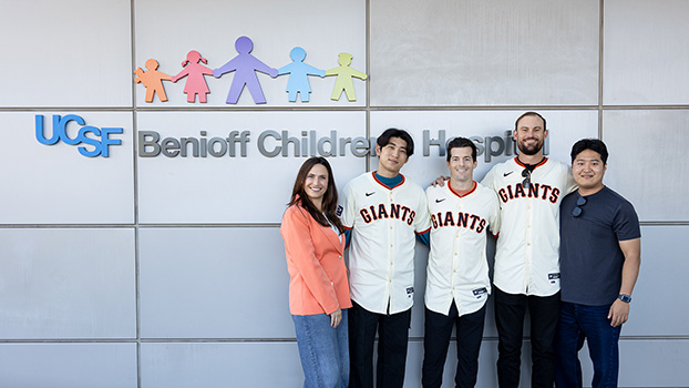 San Francisco Giants players Mike Yastrzemski, Jung Hoo Lee and Tristan Beck visit the UCSF children's hospital in San Francisco