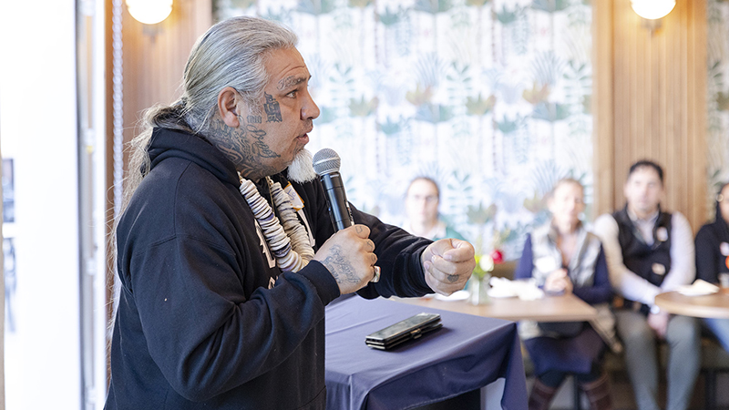 Joseph “Joey ” Iyolopixtli Torres, a member of the Muwekma Ohlone Tribe and its culture bearer, opened the event with a song and a land acknowledgement.