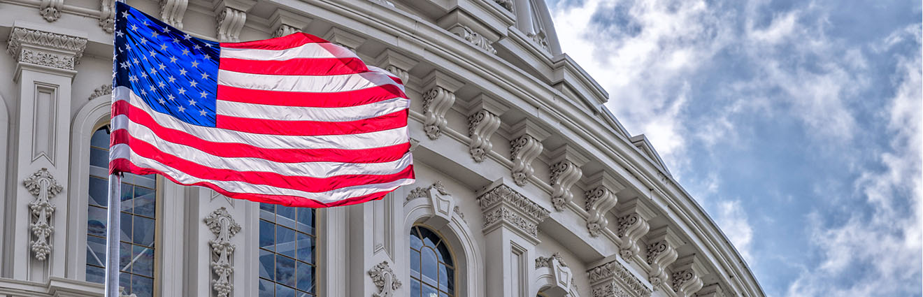 Washington DC Capitol dome detail with waving american flag