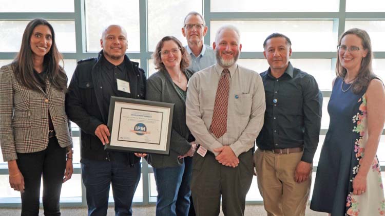 Sapna Thottahil, Deputy Director of Sustainable Pest Management, Dept. of Pesticide Regulation; Jose Gallegos-Jeronimo, Grounds IPM Technician, UCSC; Julie Sutton, Associate Director Grounds & Custodial Services, UCSC; Joshua Goldman, Superintendent for Grounds Specialty Crew, UCSC; Rudy Balderas, Grounds IPM Technician, UCSC; and Karen Morrison, Director, Dept. of Pesticide Regulation. 