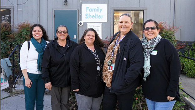 From left, Lorena Hoyos, community nutrition supervisor for CalFresh Healthy Living, UCCE in San Joaquin County; Mercedes Moreno, program manager at St. Mary's; Jessica McKercher and Renee Bell, case managers at St. Mary's; and Maricarmen Anaya, CalFresh Healthy Living, UCCE nutrition educator