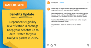 Screenshot of IG post with a benefits update, announcing dependent eligibility reverification