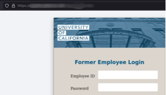Screenshot of a fraudulent website designed to look like the UCPath former employee login page.
