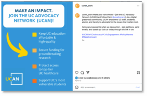 Screenshot of IG post "Make an impact. Join the UC Advocacy Network (UCAN)!