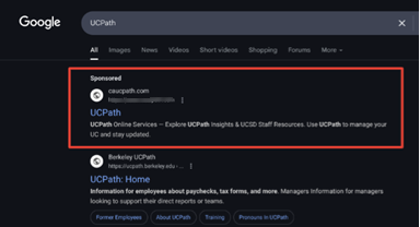 Screenshot of Google search with a malicious ad for UCPath in the top spot.