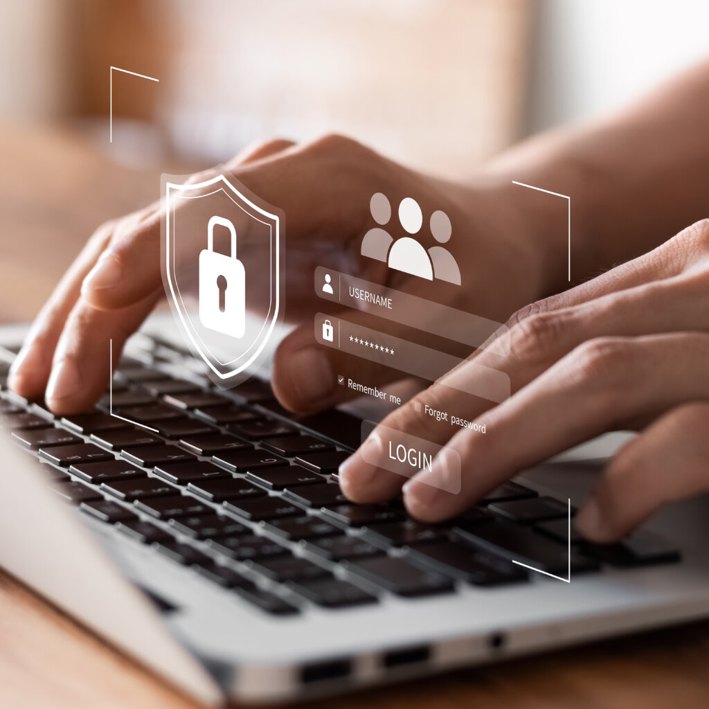 Lock icon and internet network security technology. Businessmen protecting personal data on laptop.