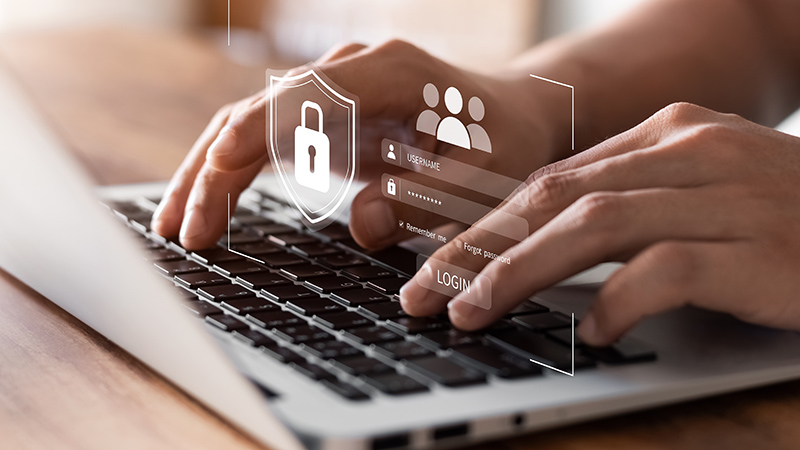 Lock icon and internet network security technology. Businessmen protecting personal data on laptop.