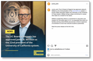 Screenshot of IG post announcing James B. Milliken's appointment as UC president