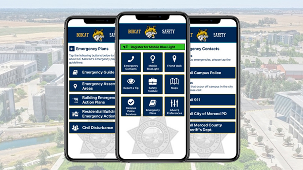 Screenshots from UC Merced Bobcat Safety App