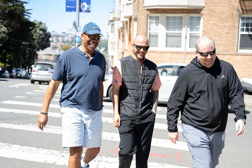 David and his friends walking through San Francisco