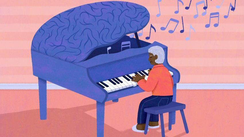 Illustration of someone playing a piano, with part of the piano designed as a human brain