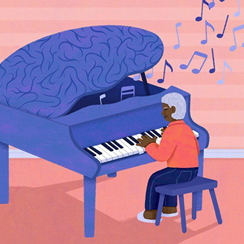 Illustration of someone playing a piano, with part of the piano designed as a human brain
