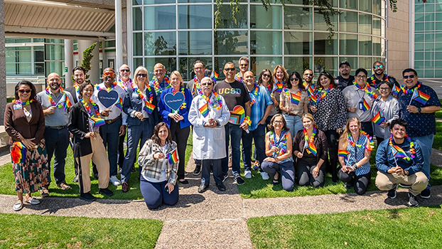 UC San Diego Health CEO Patty Maysent raises the Pride Flag at the UC San Diego Medical Center in Hillcrest on June 2nd, 2025. Heath staff and leadership joined to celebrate the event.