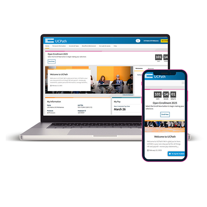 Screenshots of new UCPath site on desktop and cellphone