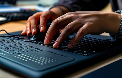 Modern Braille display device connected to a computer, with a visually impaired person using it to read digital text.