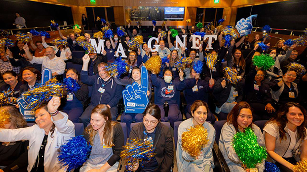 UCLA Health Nursing staff gathered in Tamkin Auditorium to celebrate the official announcement of the Magnet® designation. (Photo courtesy of Aude Guerrucci/UCLA Health)