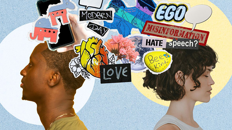 Collage of two people with intersecting thought bubbles including terms like, "hate speech," "misinformation," "ego," and "love."