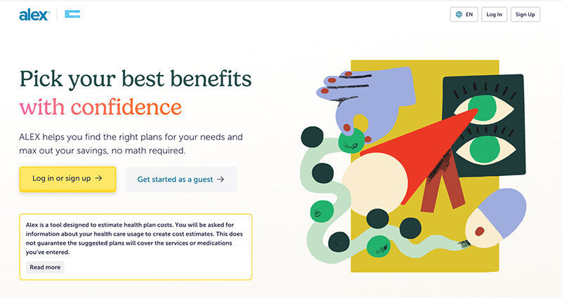 ALEX homepage with graphics and login buttons