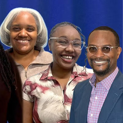 Group of people against a blue background