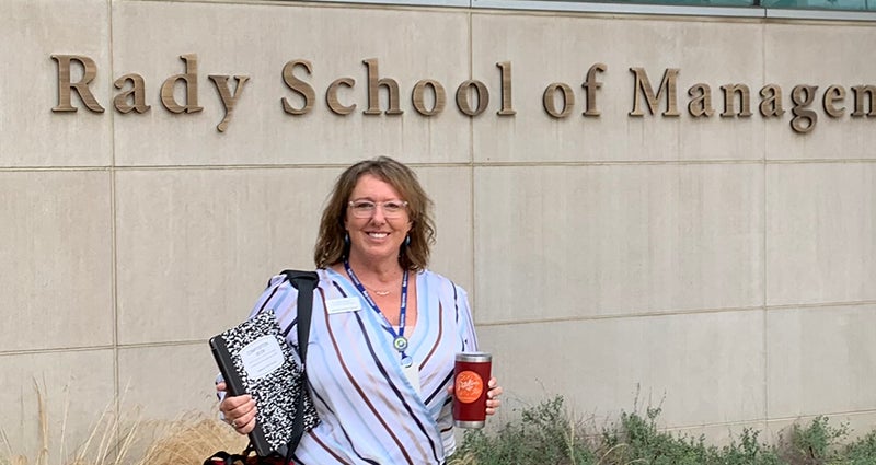 Wendy Hunter Barker in front of the Rady School of Management