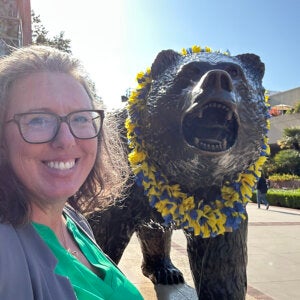 Wendy Hunter Barker with Bruin statue