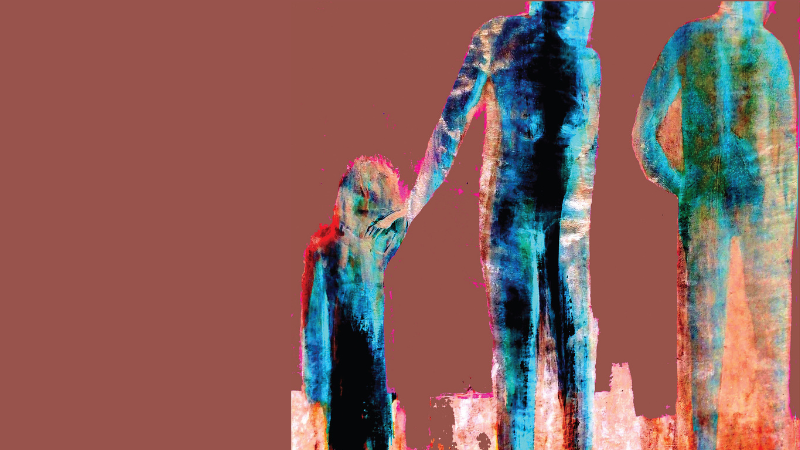 Painting of three obscured figures, one an adult holding a child's hand