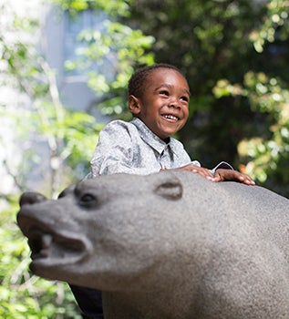 A child standing on the UCB Golden Bear statue