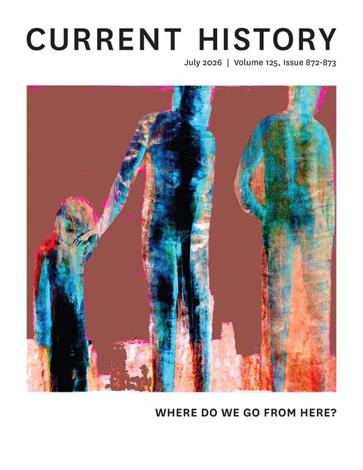 Magazine cover of Current History featuring Painting of three obscured figures, one an adult holding a child's hand