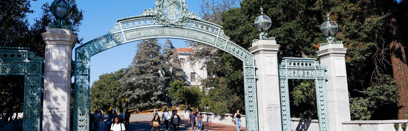 Students walking through Sather Gate on the UC Berkeley campus
