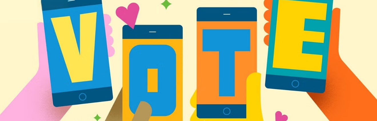 Hands holding phones that spell out "vote"