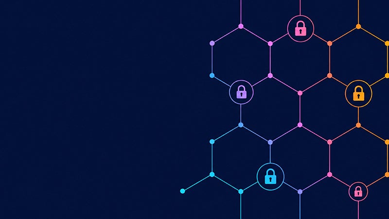 Dark digital network hexagon mesh with colorful padlock icons sy